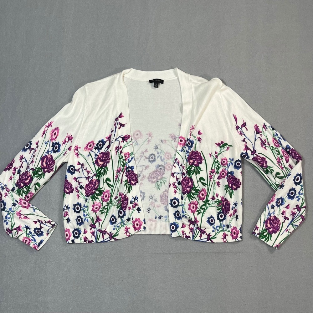 Talbots White Floral Open Front Cropped Cardigan Sweater‎ Women Sz M lightweight - Picture 2 of 10